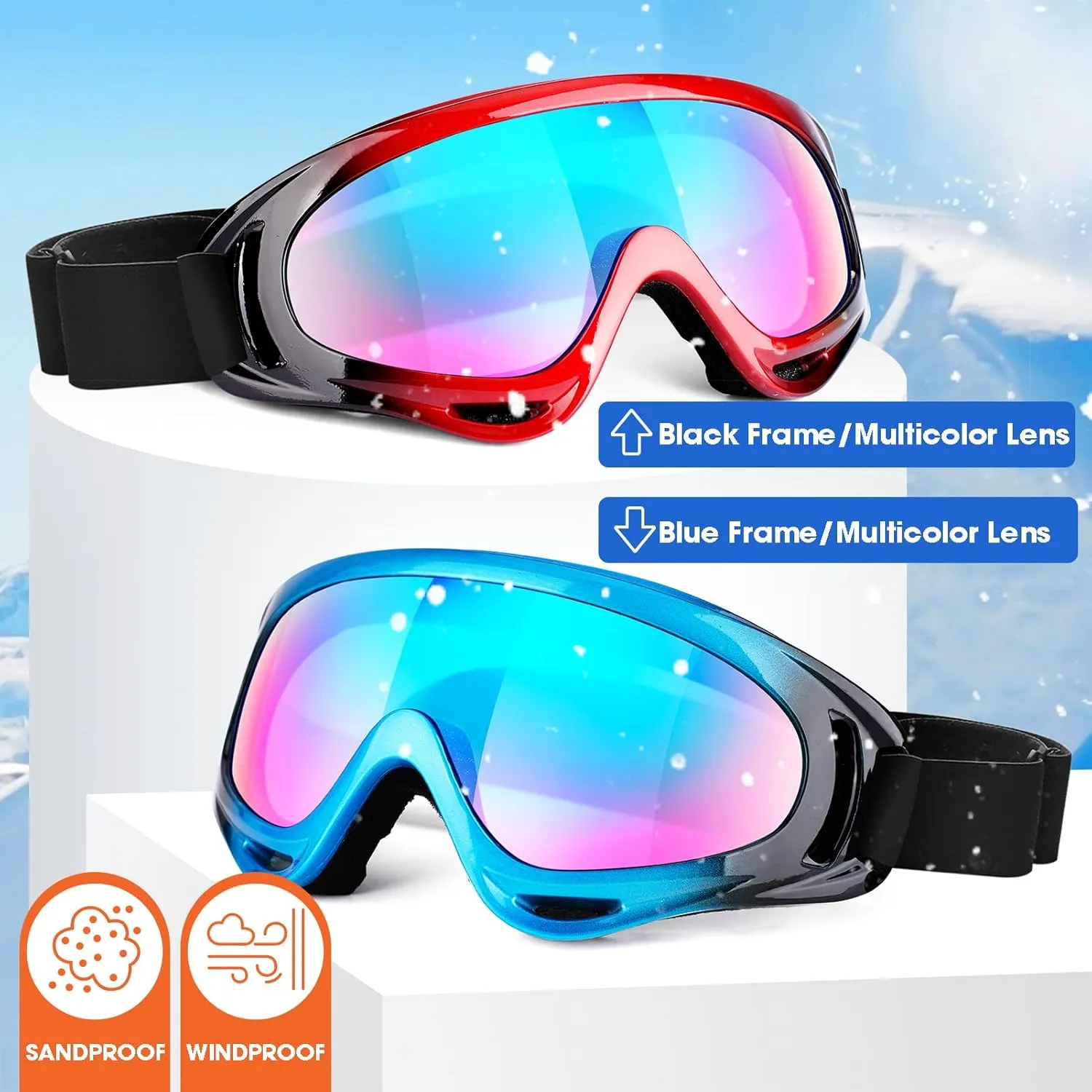 2-Pack Snow Ski Goggles, Snowboard Goggles for Men, Women, Youth, Kids, Boys or Girls