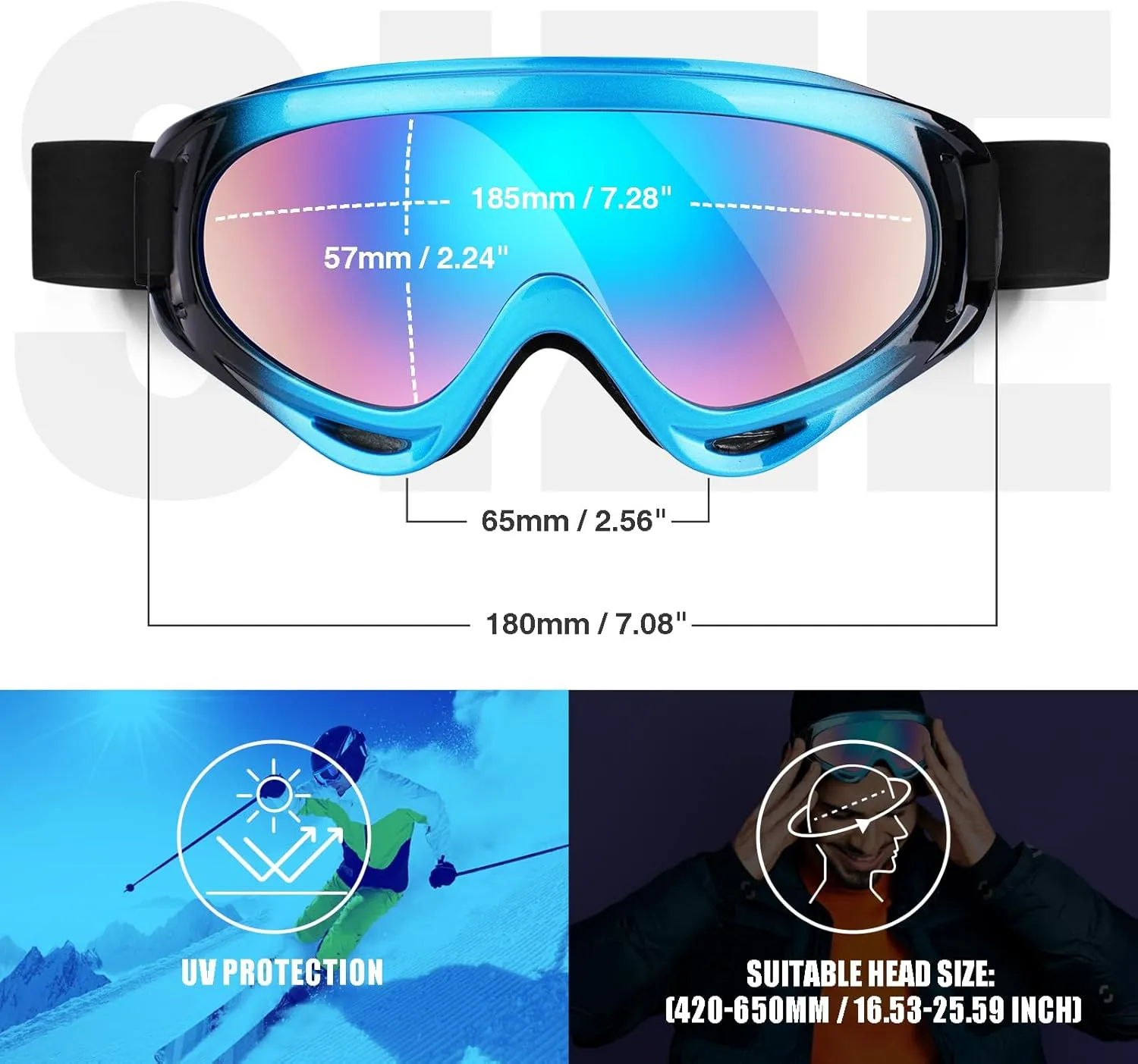 2-Pack Snow Ski Goggles, Snowboard Goggles for Men, Women, Youth, Kids, Boys or Girls