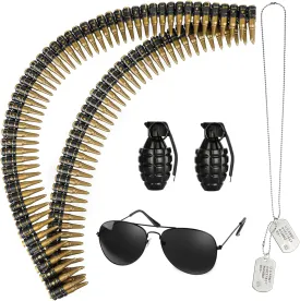 5PCS Fake Bullet Army Belt with Dog Tag Necklace Plastic Military Toy Ammo Costume Accessories Props for Adults Black