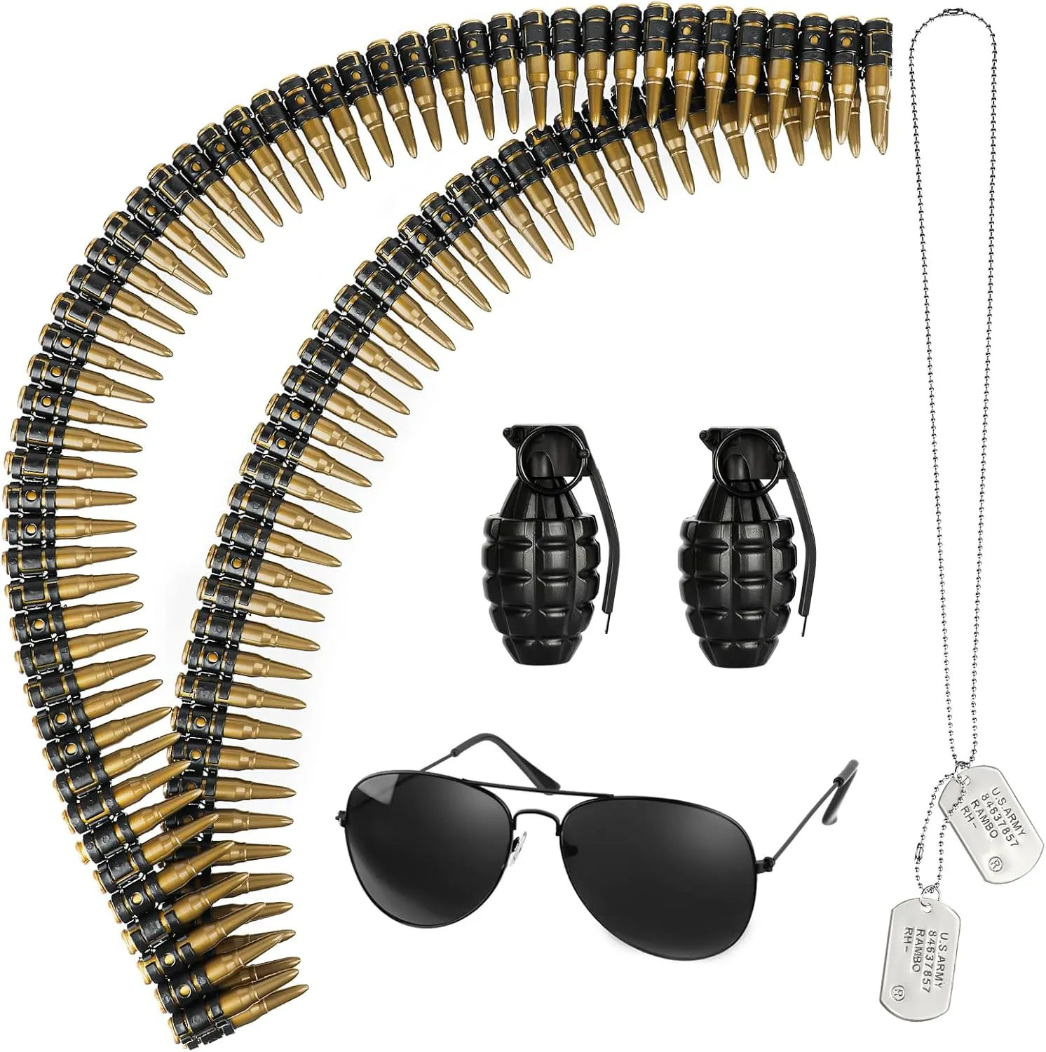 5PCS Fake Bullet Army Belt with Dog Tag Necklace Plastic Military Toy Ammo Costume Accessories Props for Adults Black
