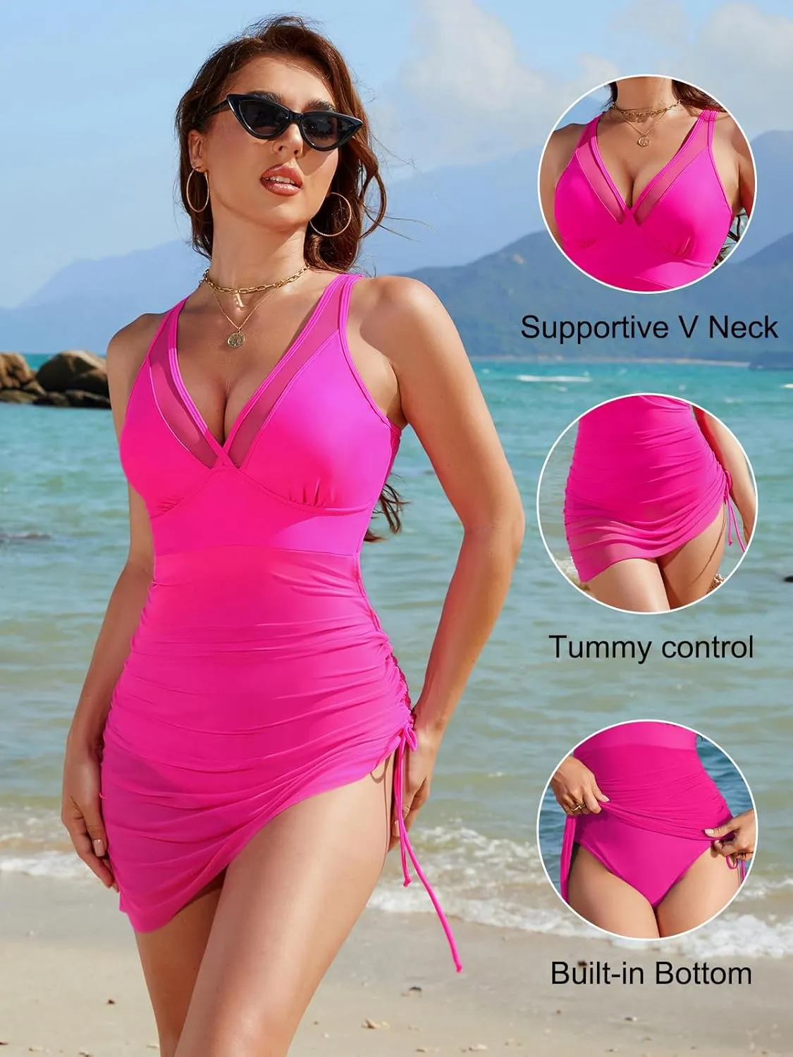 Blooming Jelly Women One Piece Swim Dress Tummy Control Swimsuits Slimming Mesh Sheer Sarong Wraps Bathing Suit