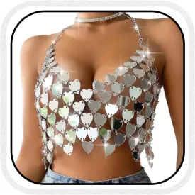 BODIY Women Sequin Body Chain Top Sliver Sparkly Dots Disco Halter Bra Chain Tops Nightclub Hearts Chain Crop Top