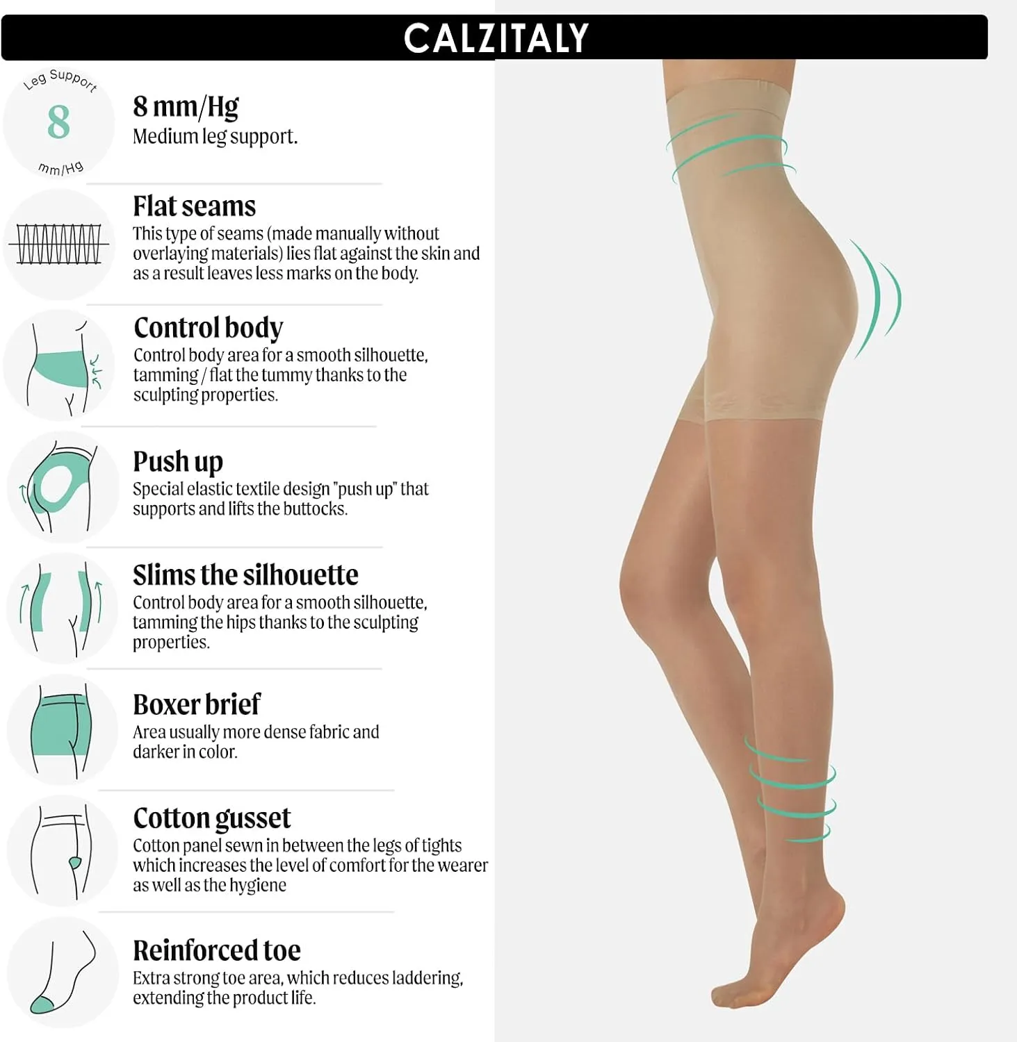 CALZITALY High Waist tights Control Top Shaping Nylons, Shaping Pantyhose, 20 Denier Sheer Shaping Tights for All Day Use