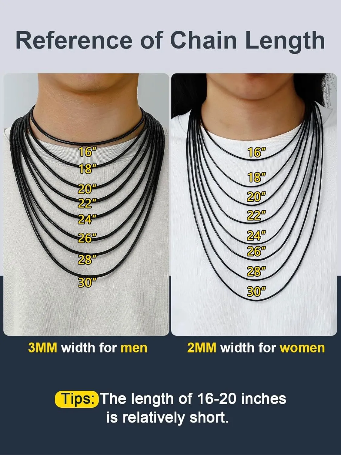 ChainsPro Men Waterproof Braided Leather Necklace Wax Rope Chain, Customize Available, 2/3mm Width, With Snap Clasp, 1618" 20" 22" 24" 26" 28" 30"-Send Gift Box