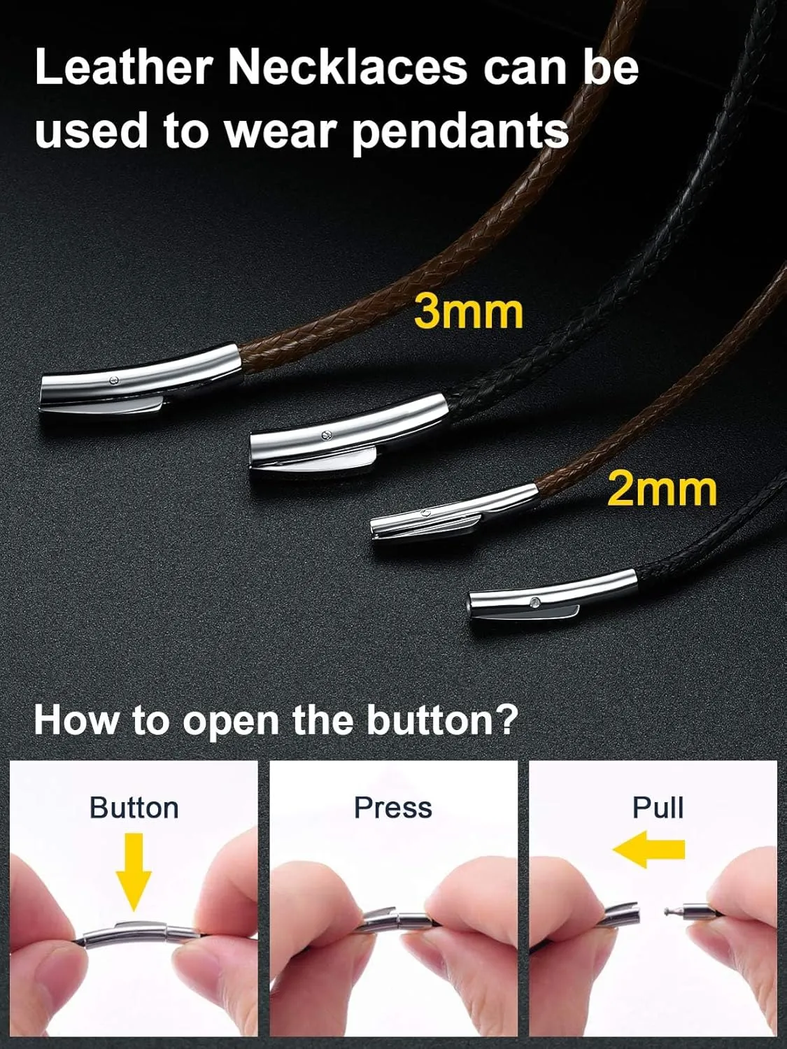 ChainsPro Men Waterproof Braided Leather Necklace Wax Rope Chain, Customize Available, 2/3mm Width, With Snap Clasp, 1618" 20" 22" 24" 26" 28" 30"-Send Gift Box