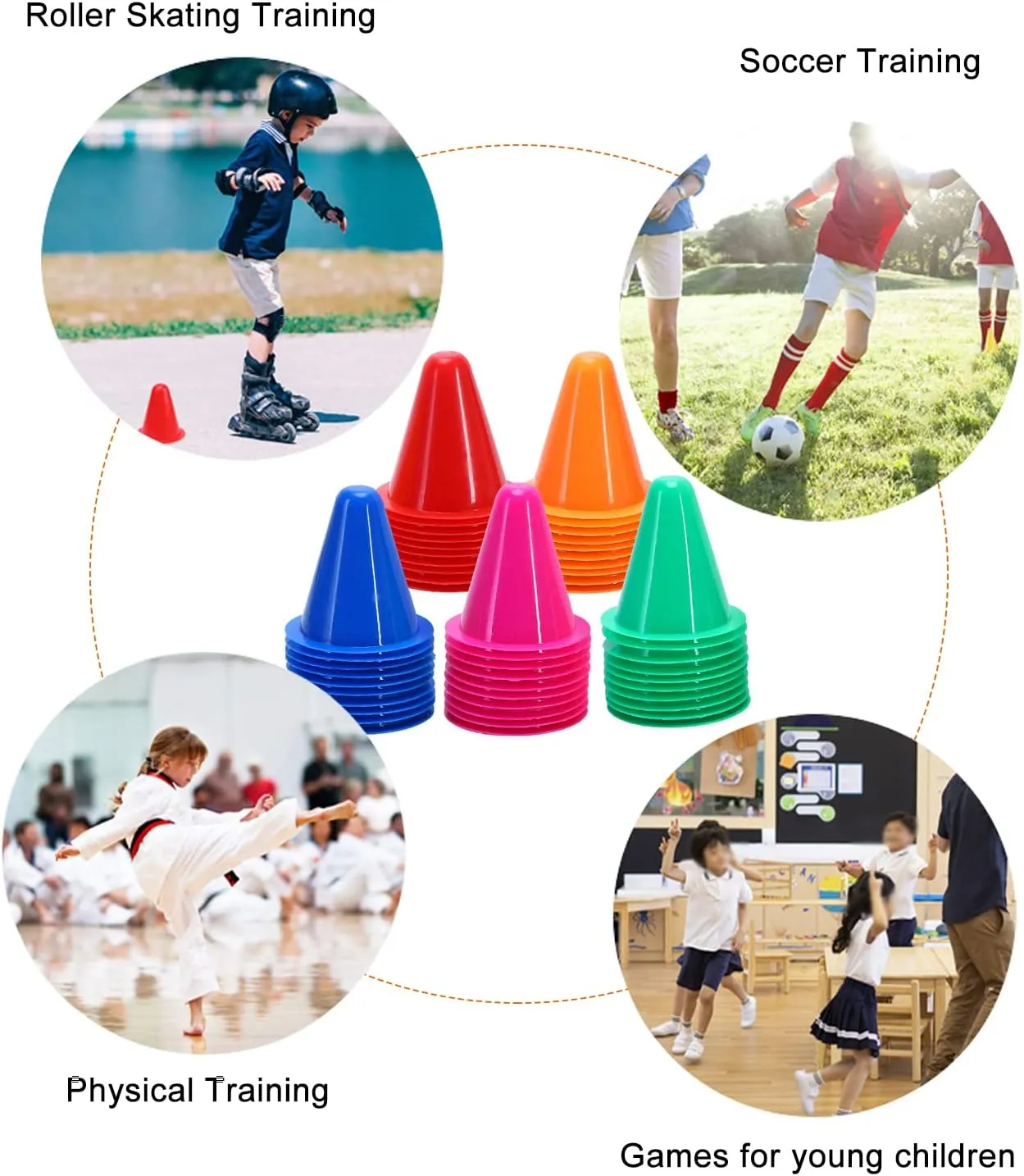 Cones Sports, 30Pack Mini Soccer Cones Plastic Training Agility Field Traffic Marker for Skating Basketball Football & Indoor Outdoor Activity Games Obstacle Course