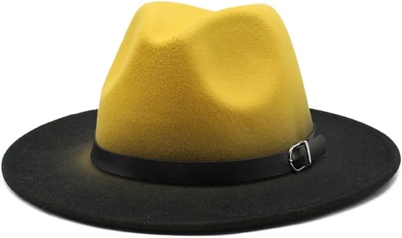 DHAEY New British Style Large Brim Woolen Top Hat Men's and Women's Gradient Two-Color Top Hat Thickened Jazz Felt Hat Luopan Caps & Hats (Color : Yellow Black, Size : 56-58cm)