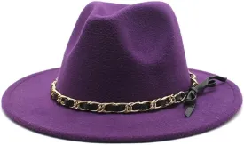 DHAEY New Golden Chain Bow Belt Woolen Hat European and American Jazz Felt Hat Men's and Women's Large Flat Brimmed Hat Luopan Caps & Hats(Taro Purple)