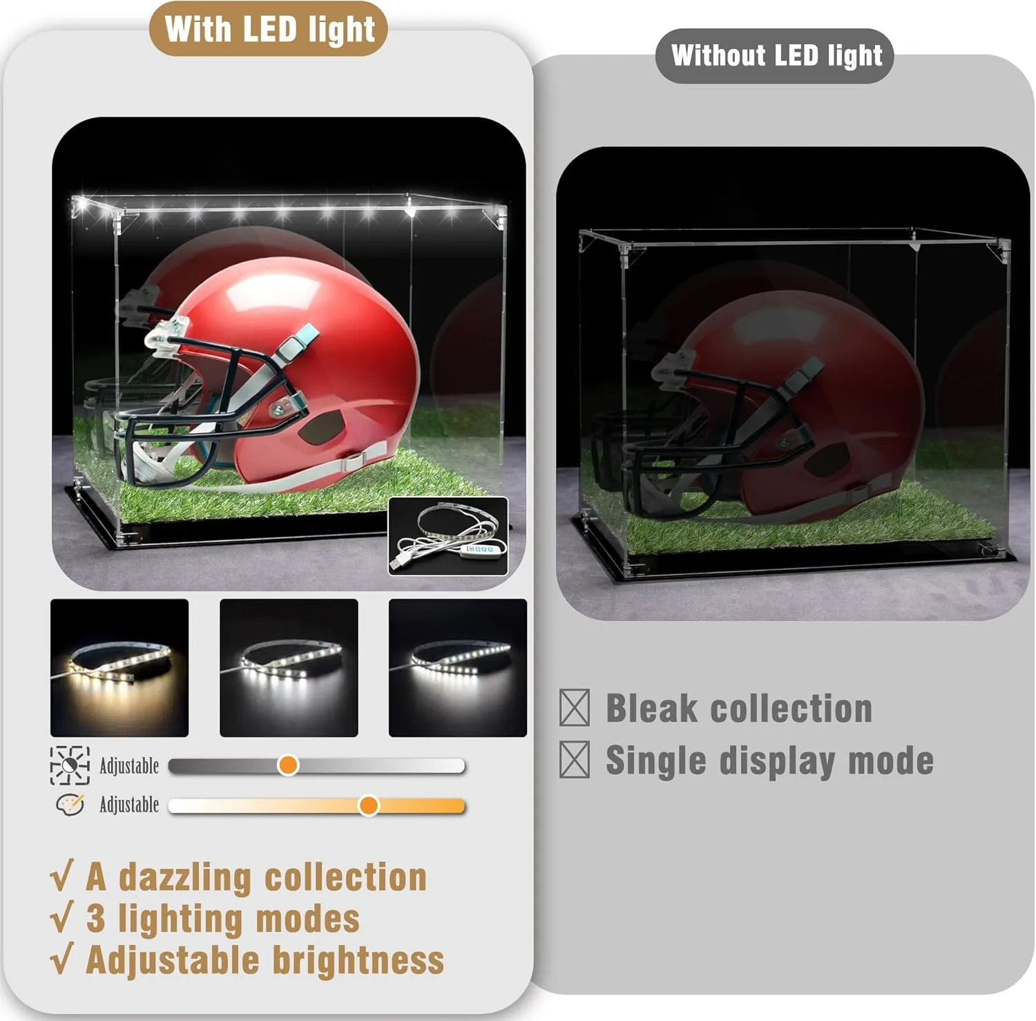 Full Size Football Helmet Display Case with 3-Modes LED Lights & Turf Base  Acrylic Showcase with Mirror Back, Gold Risers, UV Protection  Perfect for Sports Memorabilia & Collectibles