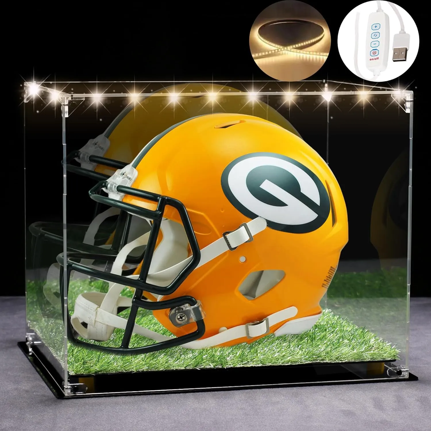 Full Size Football Helmet Display Case with 3-Modes LED Lights & Turf Base  Acrylic Showcase with Mirror Back, Gold Risers, UV Protection  Perfect for Sports Memorabilia & Collectibles