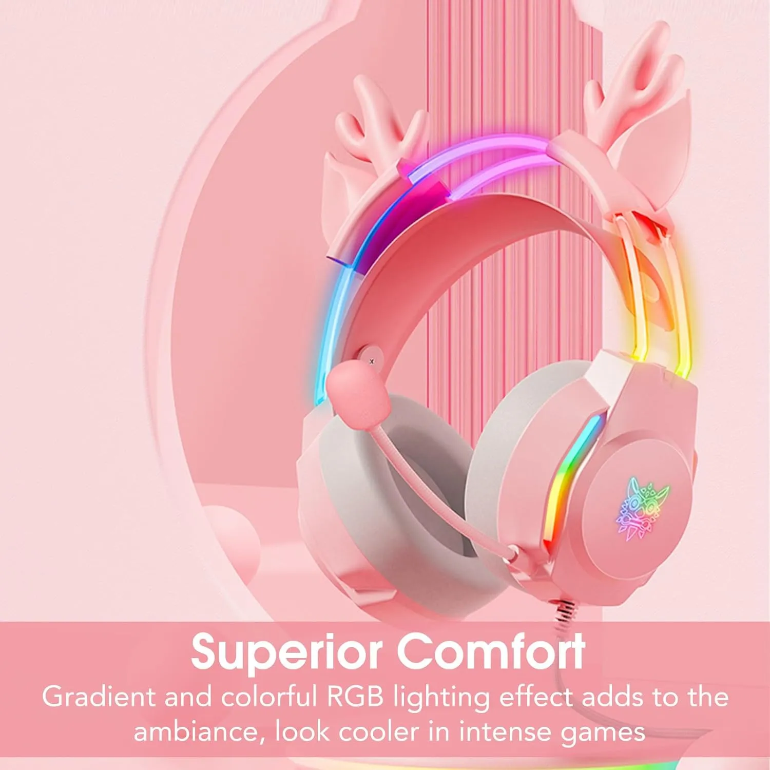 Gaming Headset with Microphone, Deer Ears Headphones for PC Laptop PS4 PS5 Xbox Switch, Rainbow RGB Lighting & Virtual Surround Sound, 3.5mm Over Ear Headphones, Ergonomic