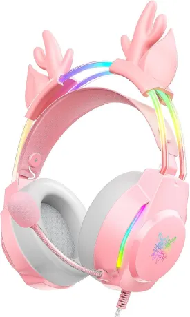 Gaming Headset with Microphone, Deer Ears Headphones for PC Laptop PS4 PS5 Xbox Switch, Rainbow RGB Lighting & Virtual Surround Sound, 3.5mm Over Ear Headphones, Ergonomic