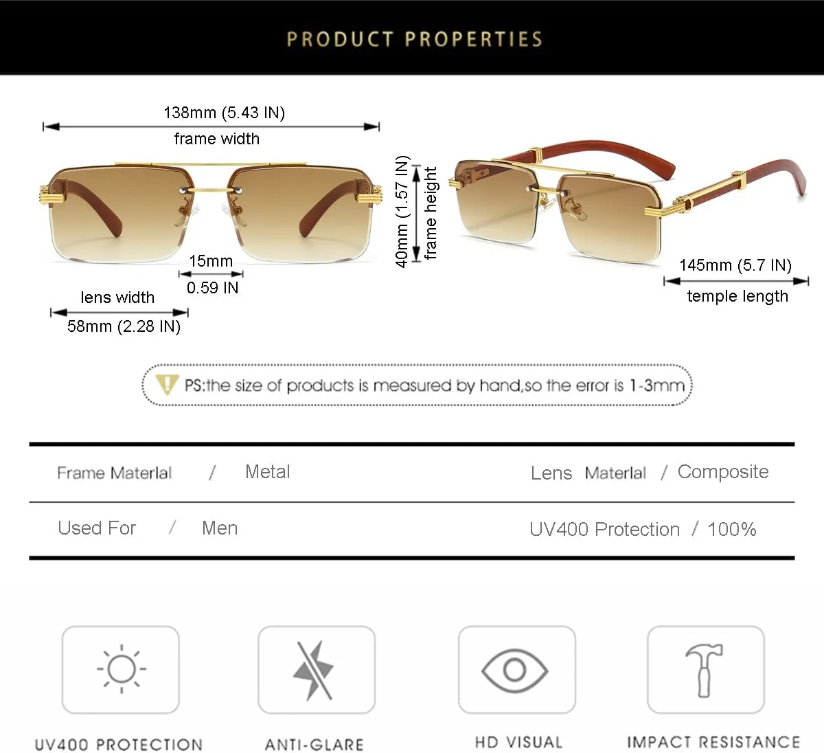 Gleyemor Mens Sunglasses Fashion Rimless Rectangle Sunglasses Square Frameless Sunglasses for Men