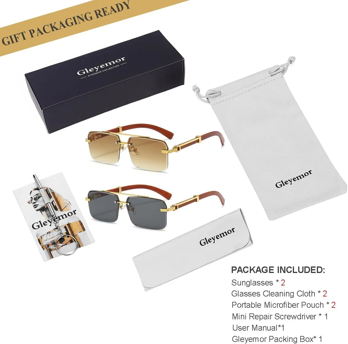 Gleyemor Mens Sunglasses Fashion Rimless Rectangle Sunglasses Square Frameless Sunglasses for Men