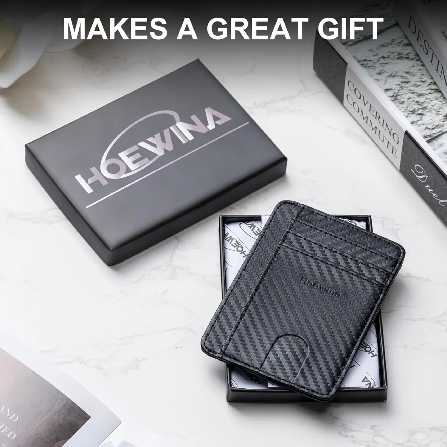 Hoewina Slim Wallet for Men, Credit Card Holder Wallet, Minimalist Design - RFID Blocking Front Pocket Leather Thin Wallet for Men and Women(Carbon Fiber Black)
