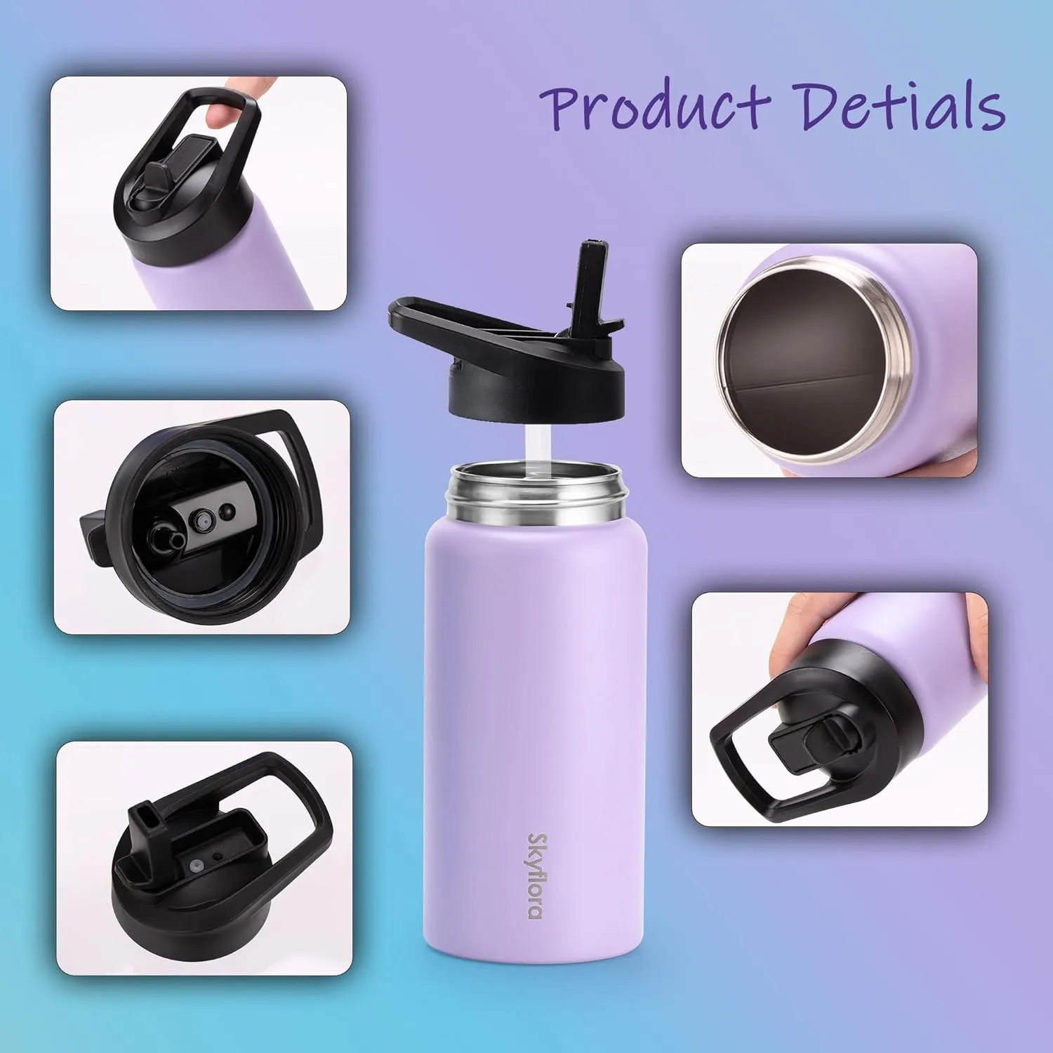 Kids Water Bottle with Straw, 16oz Cute Water Bottle, Single Wall 18/8 Stainless Steel, Dishwasher Safe & Leakproof, Reusable Gift for Girls Boys to School Sports Travel Camping, Purple
