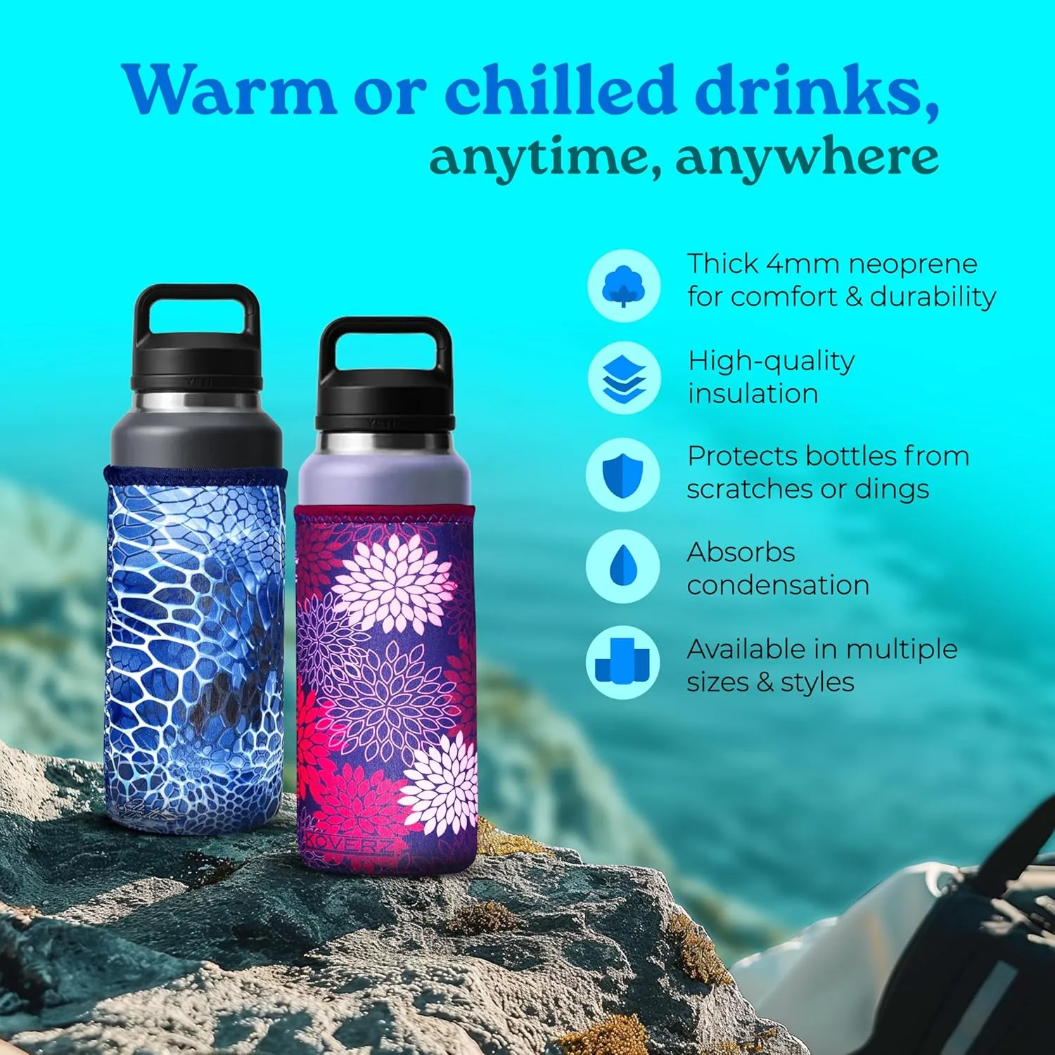 Koverz Water Bottle Sleeve, Neoprene Insulated Bottle Sleeve, Fits 24-30 Oz. Water Bottle, Washable and Reusable, Large Size, Hibiscus