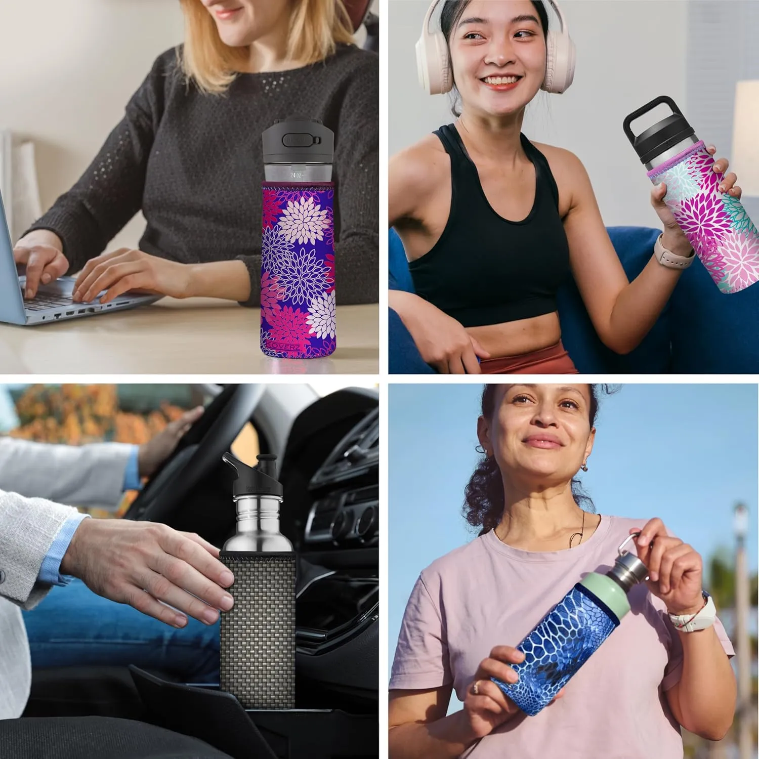 Koverz Water Bottle Sleeve, Neoprene Insulated Bottle Sleeve, Fits 24-30 Oz. Water Bottle, Washable and Reusable, Large Size, Hibiscus