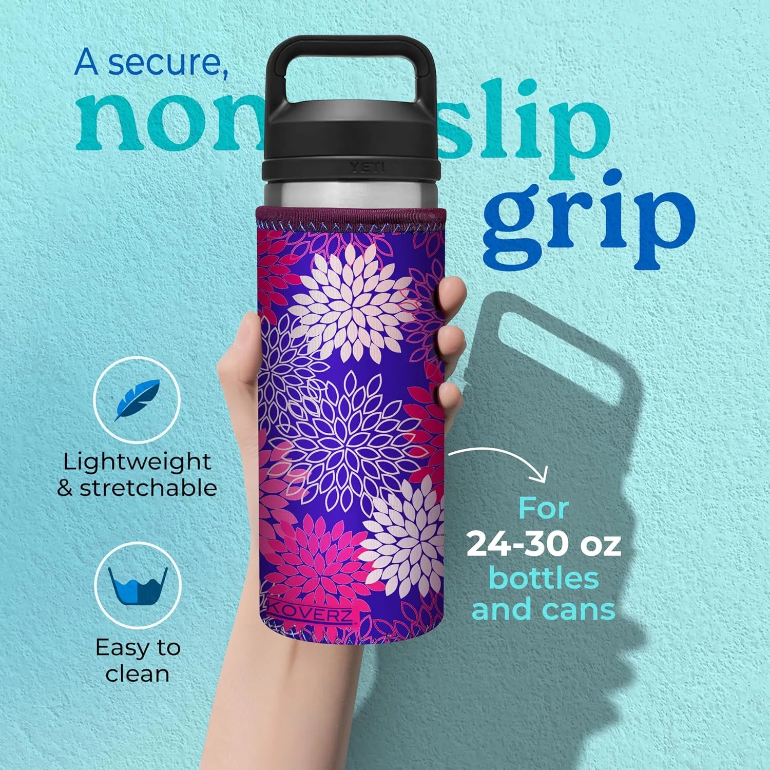 Koverz Water Bottle Sleeve, Neoprene Insulated Bottle Sleeve, Fits 24-30 Oz. Water Bottle, Washable and Reusable, Large Size, Hibiscus