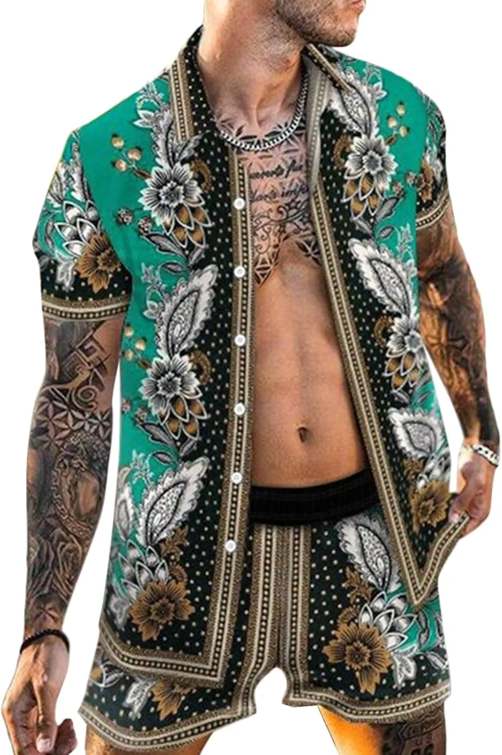 Men's Hawaiian Sets Short Sleeve Luxury Print Casual Button Down Dress Shirt Top and Shorts