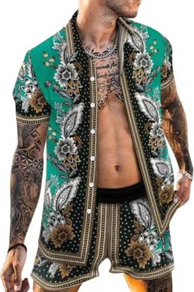 Men's Hawaiian Sets Short Sleeve Luxury Print Casual Button Down Dress Shirt Top and Shorts