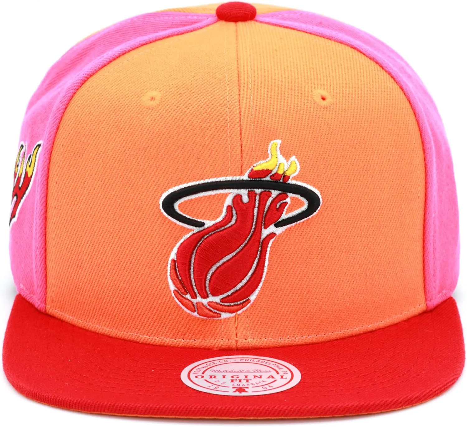 Mitchell & Ness Miami Heat Hardwood Classics NBA On The Block Snapback Hat Adjustable Cap - Orange/Red/Pink
