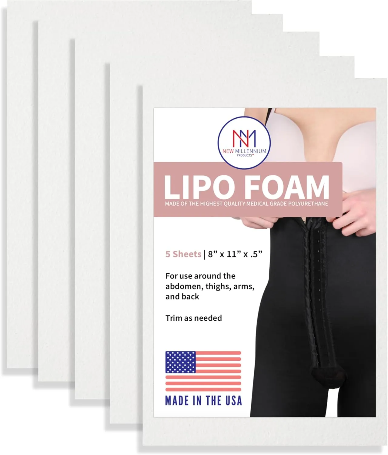 New Millennium Premium Lipo Foam Sheets (5 Pack) | USA Medical-Grade Compression Pads - Liposuction, BBL, Tummy Tuck | Reduce Swelling & Bruising | Use with Fajas, Ab Boards, Recovery Garments (8x11)