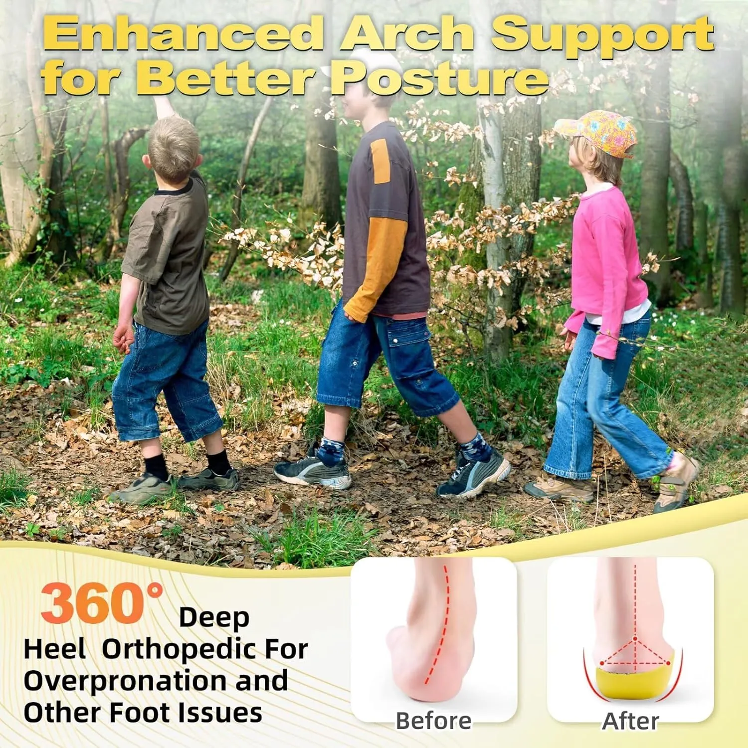 OrthoComfoot Kids Orthopedic Comfort Childrens Insoles : Flat Feet Gel Inserts for Plantar Fasciitis Relief, Athletic Orthotic High Arch Support Insoles, No Trimming,Size 5 Big Kid