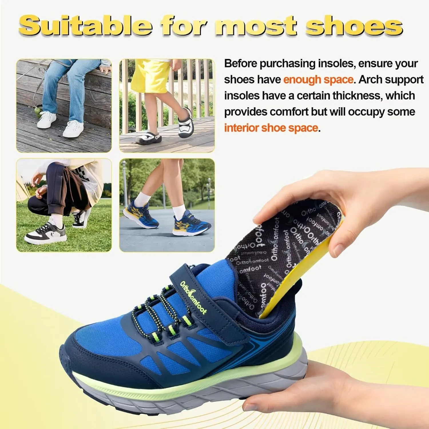 OrthoComfoot Kids Orthopedic Comfort Childrens Insoles : Flat Feet Gel Inserts for Plantar Fasciitis Relief, Athletic Orthotic High Arch Support Insoles, No Trimming,Size 5 Big Kid