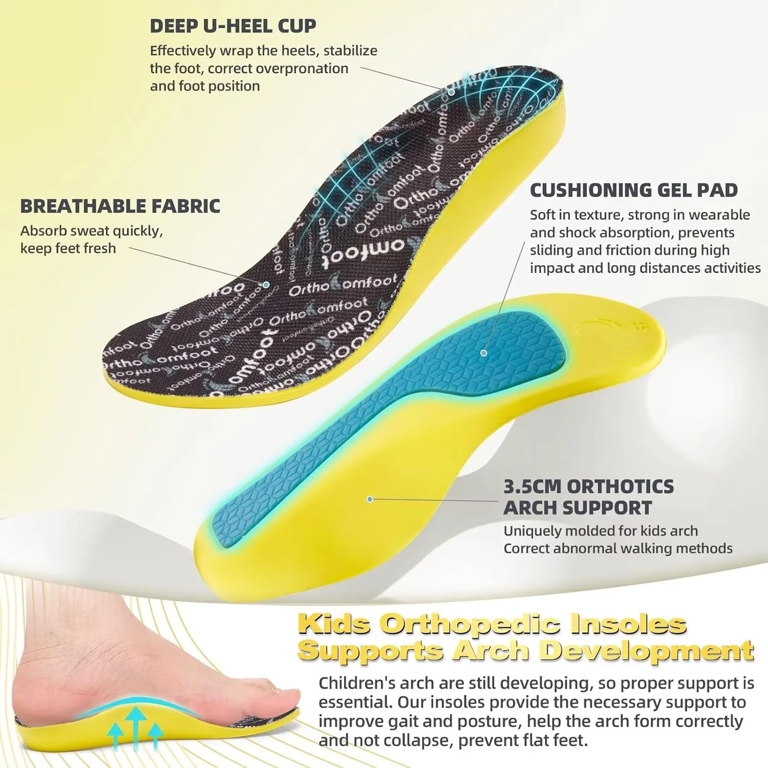 OrthoComfoot Kids Orthopedic Comfort Childrens Insoles : Flat Feet Gel Inserts for Plantar Fasciitis Relief, Athletic Orthotic High Arch Support Insoles, No Trimming,Size 5 Big Kid