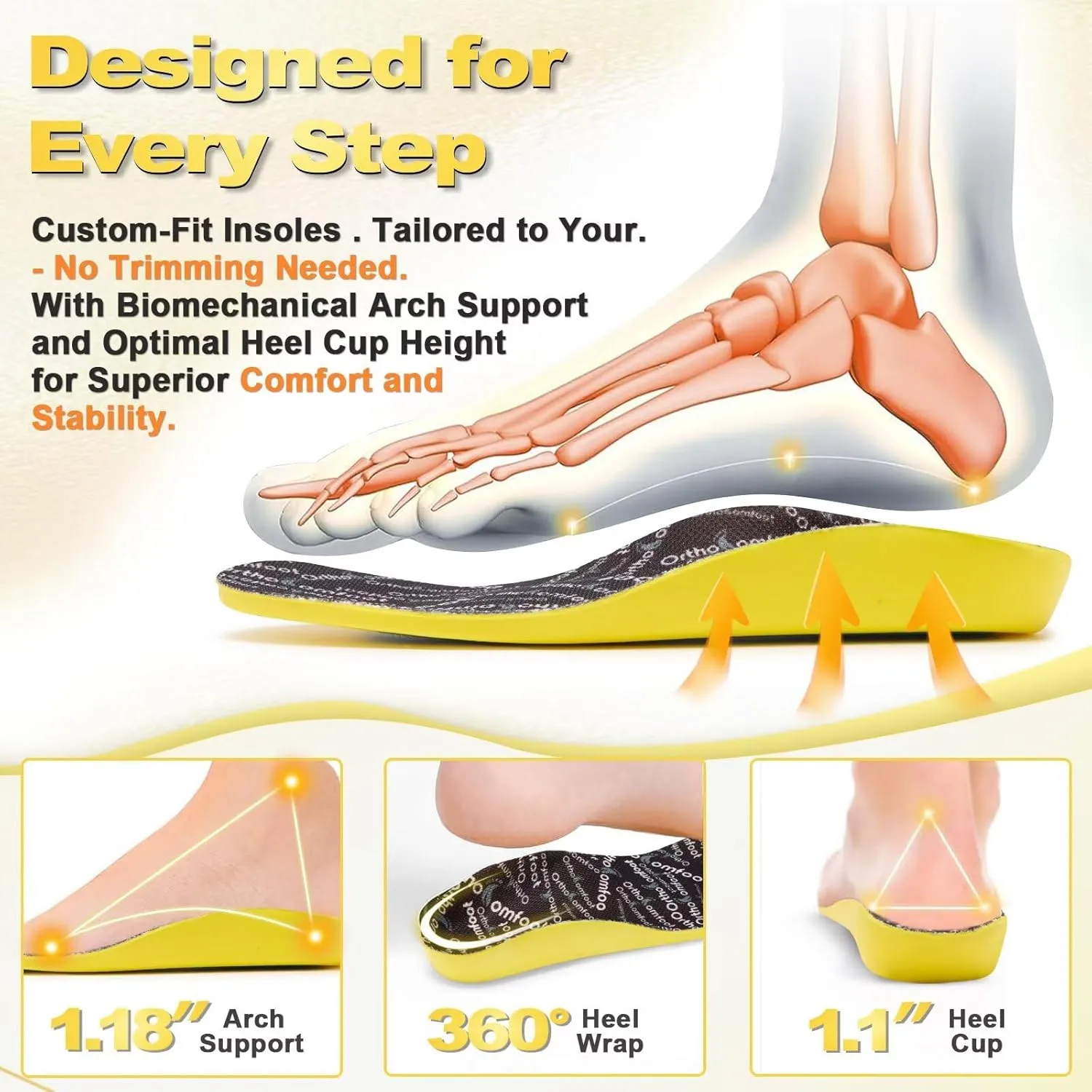 OrthoComfoot Kids Orthopedic Comfort Childrens Insoles : Flat Feet Gel Inserts for Plantar Fasciitis Relief, Athletic Orthotic High Arch Support Insoles, No Trimming,Size 5 Big Kid