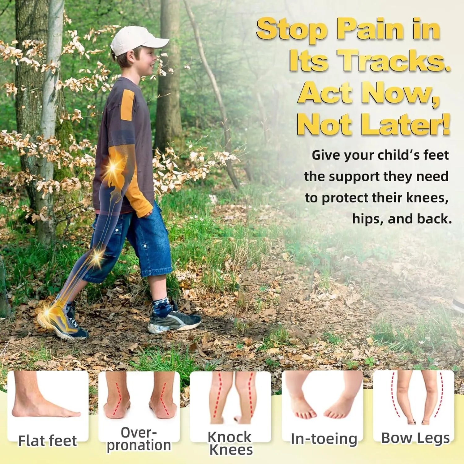 OrthoComfoot Kids Orthopedic Comfort Childrens Insoles : Flat Feet Gel Inserts for Plantar Fasciitis Relief, Athletic Orthotic High Arch Support Insoles, No Trimming,Size 5 Big Kid