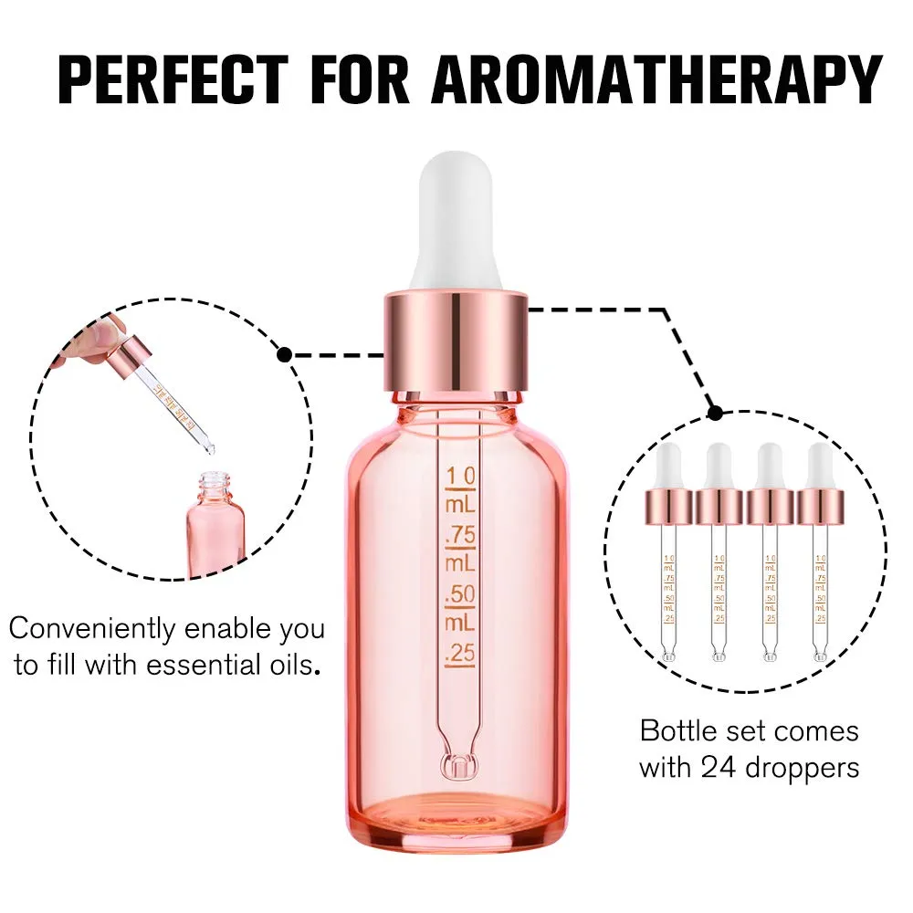 PrettyCare 1 oz Eye Dropper Bottle (24 Pack Rose Glass Bottles 30ml with Measured Pipettes, Golden Caps & 48 Labels, Funnel) Empty Tincture Bottles for Essential Oils, Perfume Pink