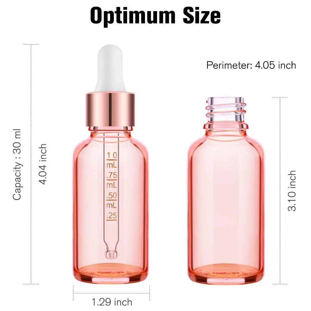 PrettyCare 1 oz Eye Dropper Bottle (24 Pack Rose Glass Bottles 30ml with Measured Pipettes, Golden Caps & 48 Labels, Funnel) Empty Tincture Bottles for Essential Oils, Perfume Pink