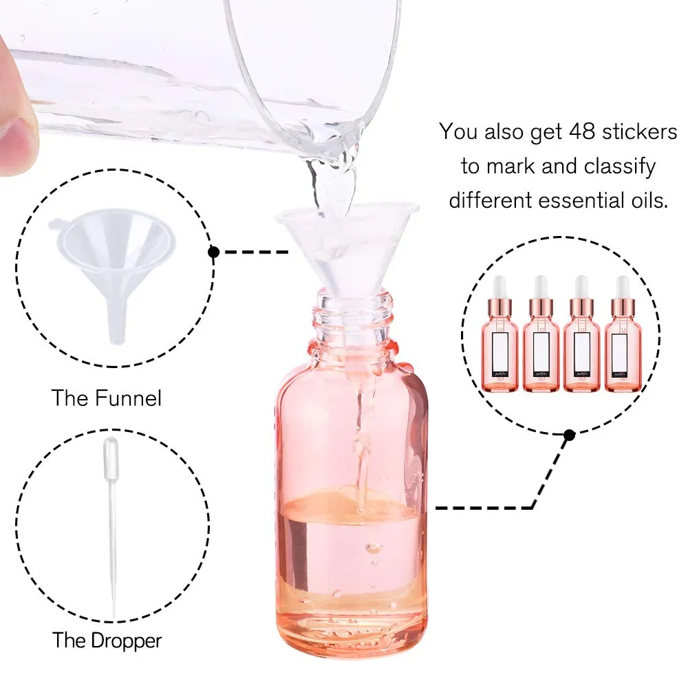 PrettyCare 1 oz Eye Dropper Bottle (24 Pack Rose Glass Bottles 30ml with Measured Pipettes, Golden Caps & 48 Labels, Funnel) Empty Tincture Bottles for Essential Oils, Perfume Pink