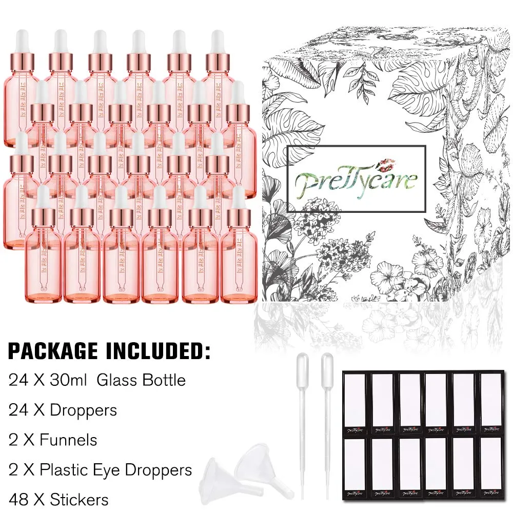 PrettyCare 1 oz Eye Dropper Bottle (24 Pack Rose Glass Bottles 30ml with Measured Pipettes, Golden Caps & 48 Labels, Funnel) Empty Tincture Bottles for Essential Oils, Perfume Pink