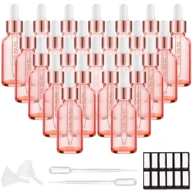 PrettyCare 1 oz Eye Dropper Bottle (24 Pack Rose Glass Bottles 30ml with Measured Pipettes, Golden Caps & 48 Labels, Funnel) Empty Tincture Bottles for Essential Oils, Perfume Pink