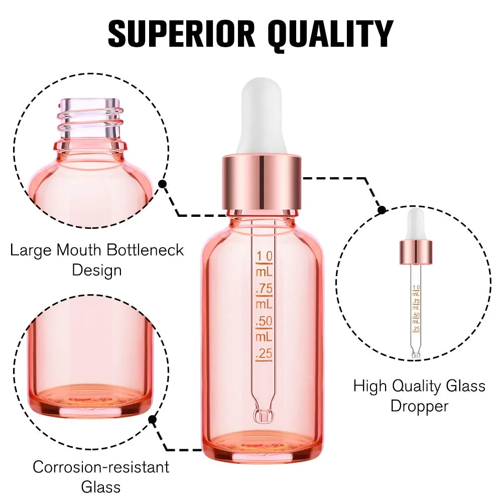 PrettyCare 1 oz Eye Dropper Bottle (24 Pack Rose Glass Bottles 30ml with Measured Pipettes, Golden Caps & 48 Labels, Funnel) Empty Tincture Bottles for Essential Oils, Perfume Pink