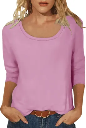 Scoop Neck 3/4 Sleeve Tees for Women Dressy Casual Gradient Tunic Solid Color Block Tops Blouses Summer Stripes Tee