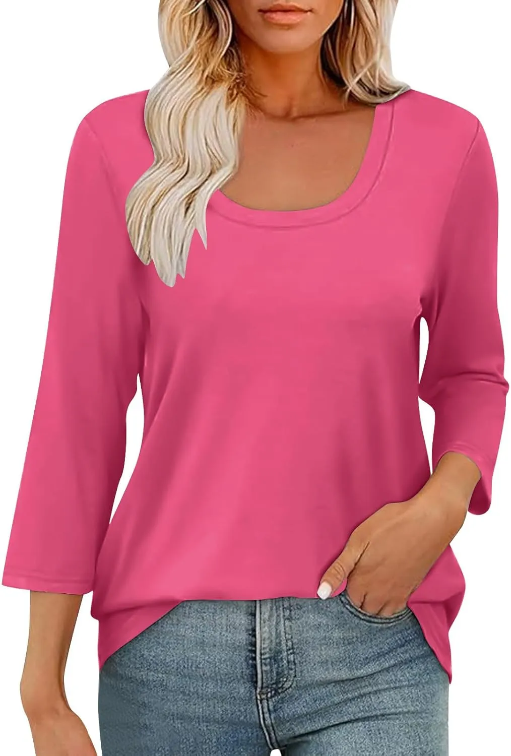 Scoop Neck 3/4 Sleeve Tees for Women Dressy Casual Gradient Tunic Solid Color Block Tops Blouses Summer Stripes Tee
