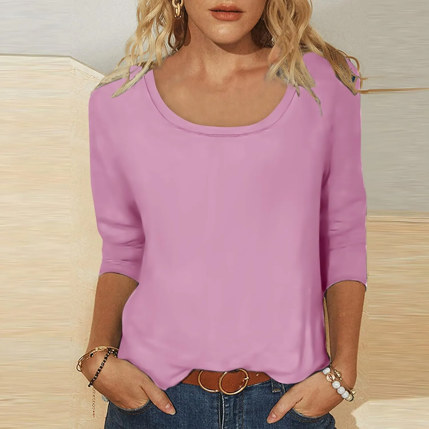 Scoop Neck 3/4 Sleeve Tees for Women Dressy Casual Gradient Tunic Solid Color Block Tops Blouses Summer Stripes Tee