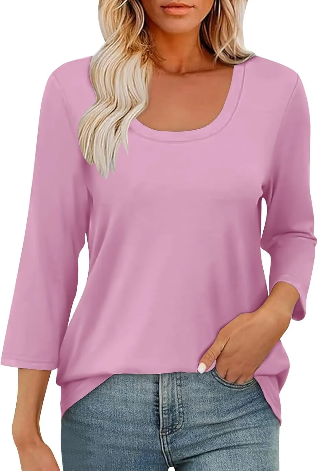 Scoop Neck 3/4 Sleeve Tees for Women Dressy Casual Gradient Tunic Solid Color Block Tops Blouses Summer Stripes Tee