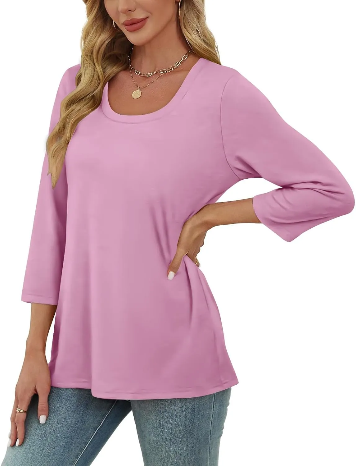 Scoop Neck 3/4 Sleeve Tees for Women Dressy Casual Gradient Tunic Solid Color Block Tops Blouses Summer Stripes Tee
