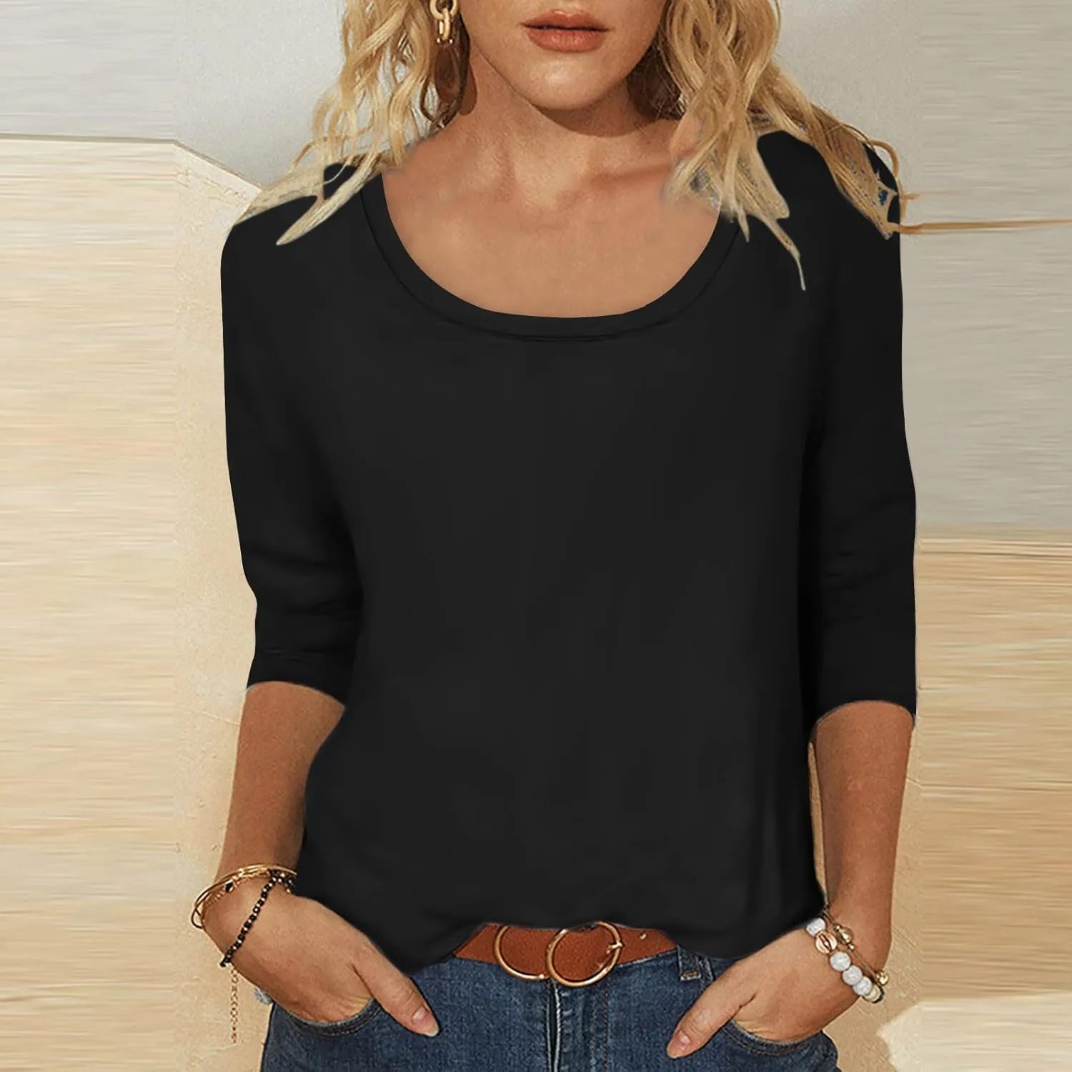 Scoop Neck 3/4 Sleeve Tees for Women Dressy Casual Gradient Tunic Solid Color Block Tops Blouses Summer Stripes Tee