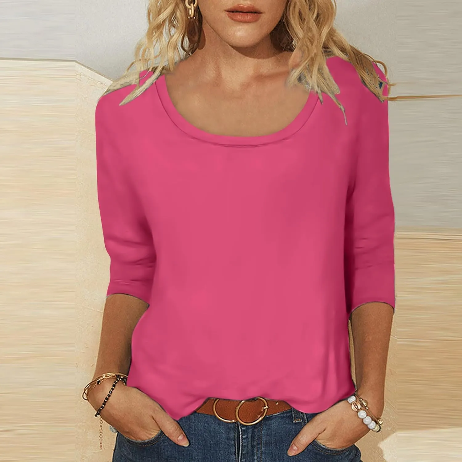Scoop Neck 3/4 Sleeve Tees for Women Dressy Casual Gradient Tunic Solid Color Block Tops Blouses Summer Stripes Tee