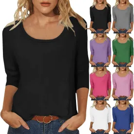 Scoop Neck 3/4 Sleeve Tees for Women Dressy Casual Gradient Tunic Solid Color Block Tops Blouses Summer Stripes Tee