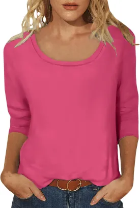 Scoop Neck 3/4 Sleeve Tees for Women Dressy Casual Gradient Tunic Solid Color Block Tops Blouses Summer Stripes Tee