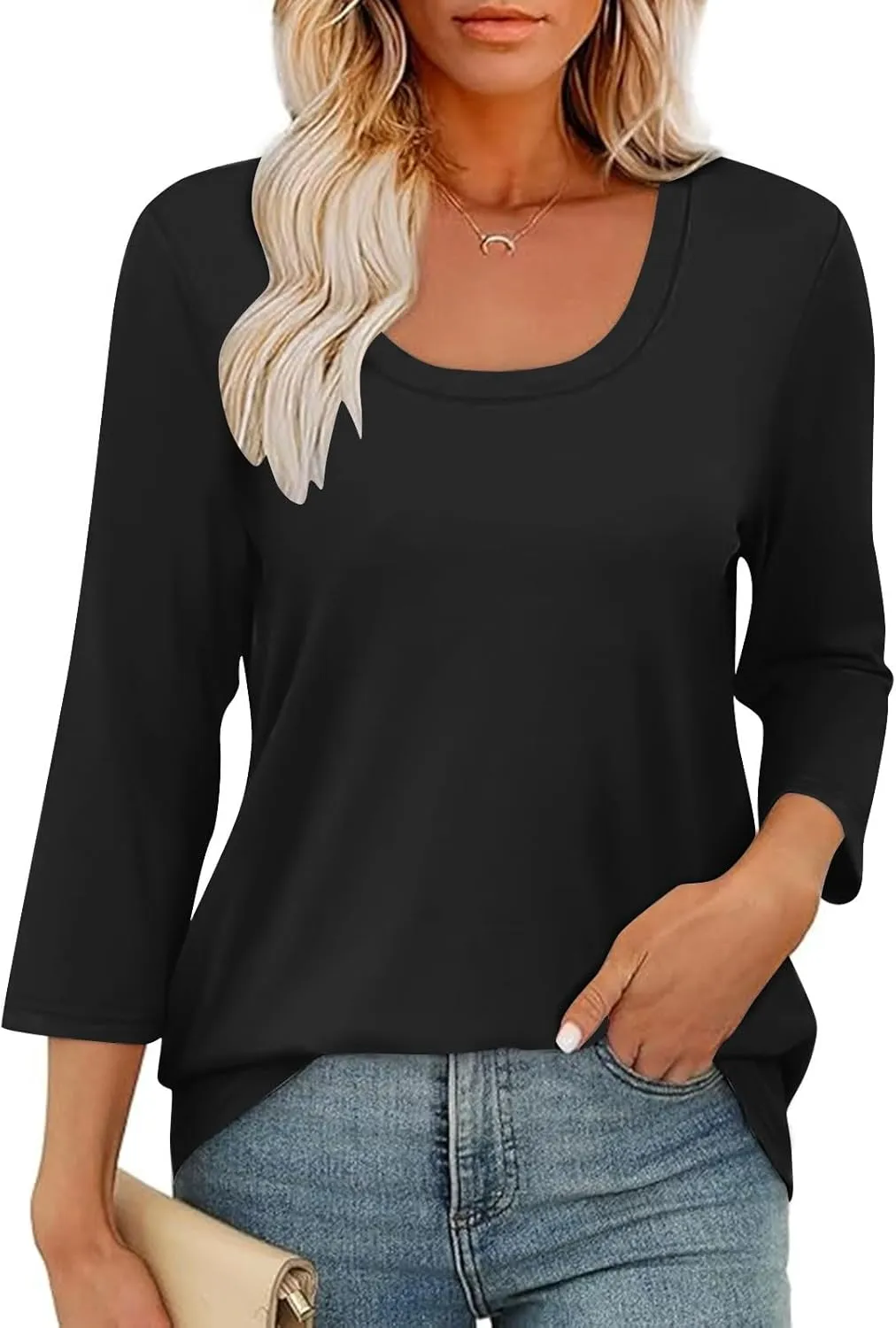 Scoop Neck 3/4 Sleeve Tees for Women Dressy Casual Gradient Tunic Solid Color Block Tops Blouses Summer Stripes Tee