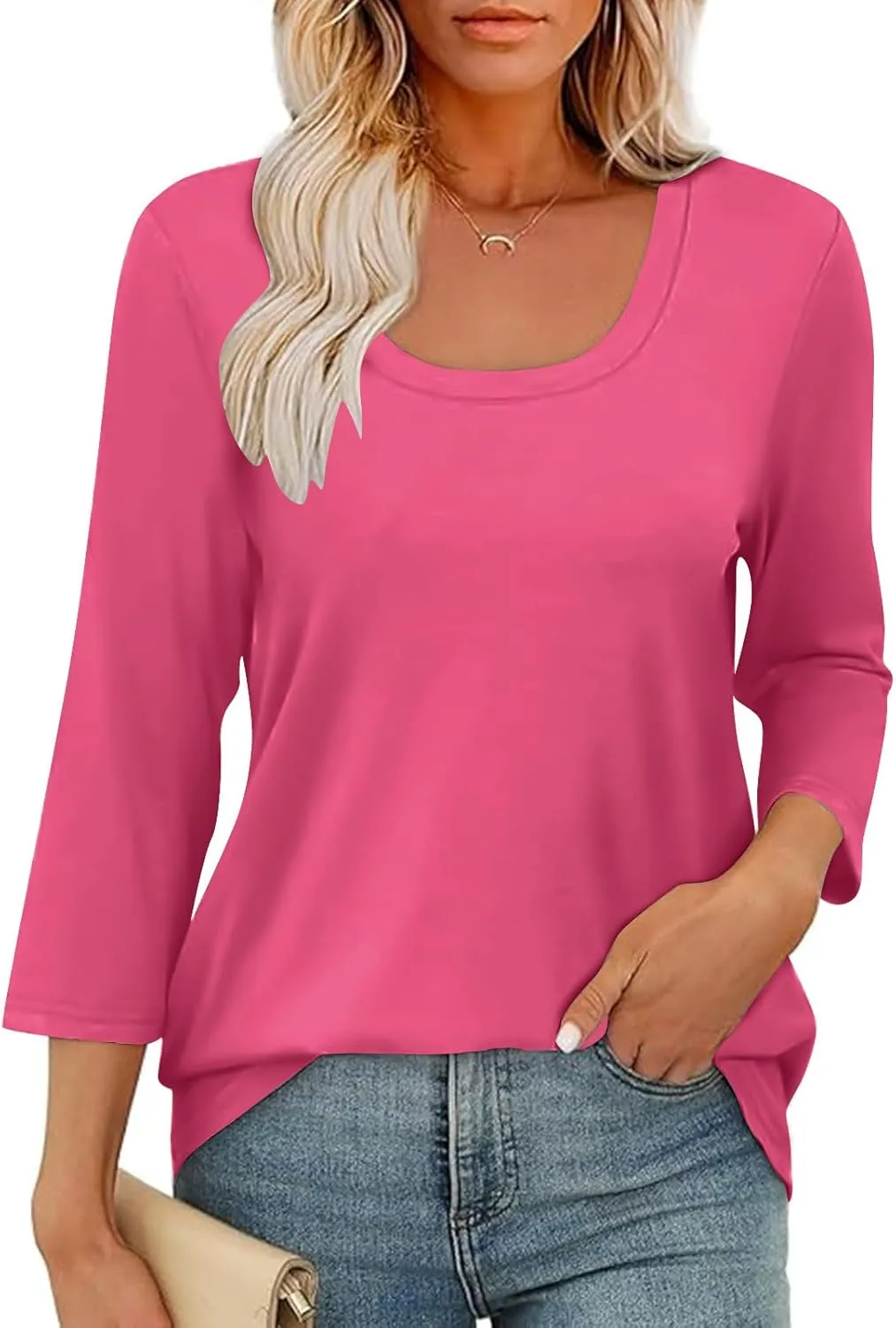 Scoop Neck 3/4 Sleeve Tees for Women Dressy Casual Gradient Tunic Solid Color Block Tops Blouses Summer Stripes Tee