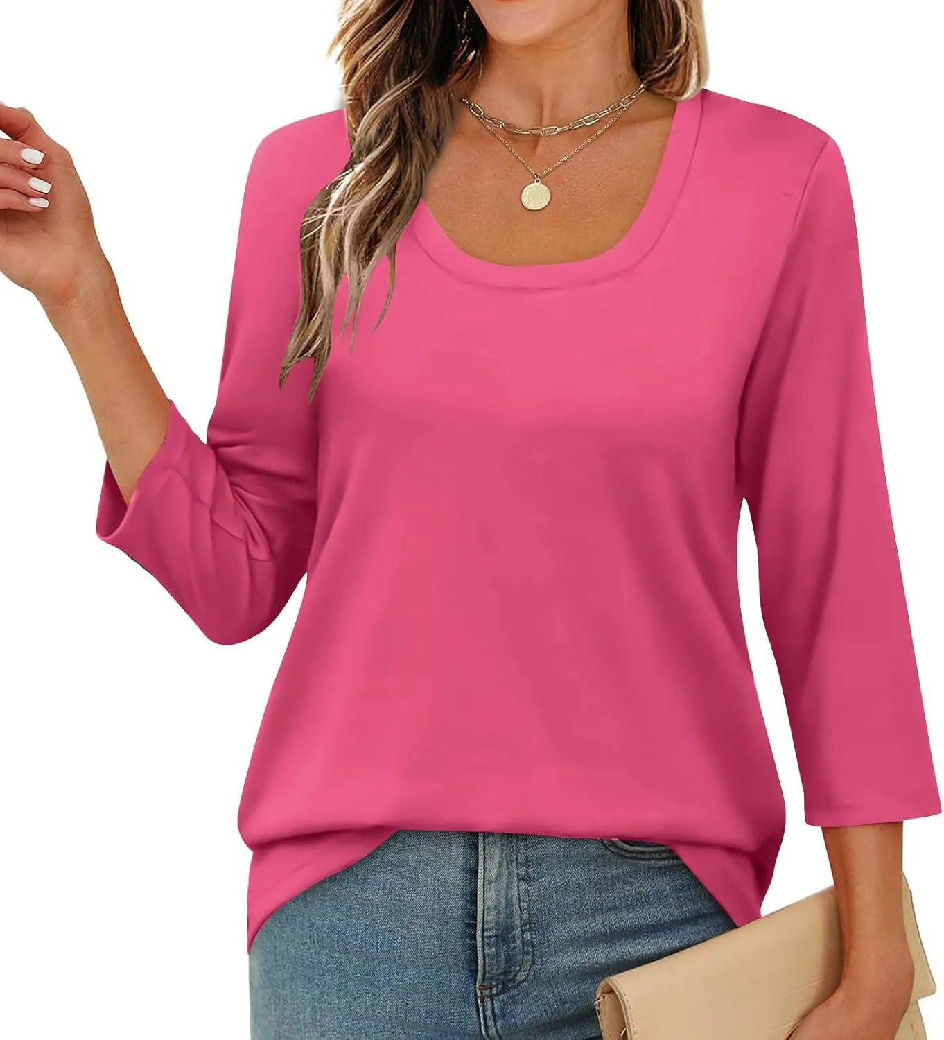 Scoop Neck 3/4 Sleeve Tees for Women Dressy Casual Gradient Tunic Solid Color Block Tops Blouses Summer Stripes Tee
